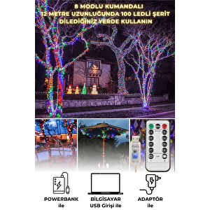 100 Ledli Usbli Kumandalı 8 Modlu Şerit Led Işık Parti Süsleme Organizasyon Renkli