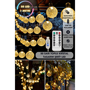 50 Ledli Usbli Kumandalı 8 Modlu Kristal Toplu Led Işık Parti Süsleme Organizasyon Sarı