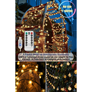 50 Ledli Usbli Kumandalı 8 Modlu Kristal Toplu Led Işık Parti Süsleme Organizasyon Sarı