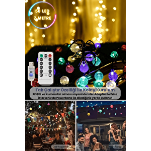 50 Ledli Usbli Kumandalı 8 Modlu Kristal Toplu Led Işık Parti Süsleme Organizasyon Renkli