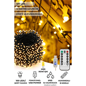 100 Ledli Usbli Kumandalı 8 Modlu Şerit Led Işık Parti Süsleme Organizasyon Sarı