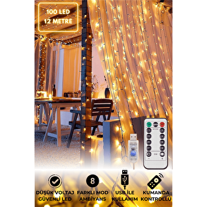 100 Ledli Usbli Kumandalı 8 Modlu Şerit Led Işık Parti Süsleme Organizasyon Sarı