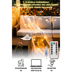 100 Ledli Usbli Kumandalı 8 Modlu Şerit Led Işık Parti Süsleme Organizasyon Sarı