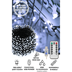 100 Ledli Usbli Kumandalı 8 Modlu Şerit Led Işık Parti Süsleme Organizasyon Beyaz