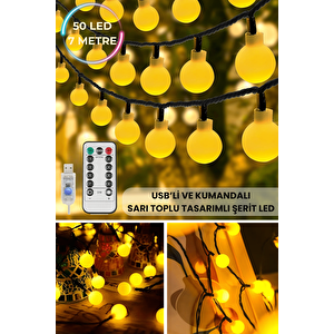 50 Top Ledli Usbli Kumandalı 8 Modlu Led Işık Parti Süsleme Organizasyon Sarı