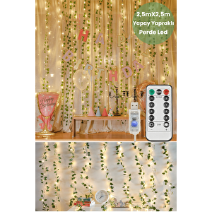 2.5x2.5m Led Perde Işık – 250 Led 10 Saçak Yapay Sarmaşık Desenli Usb Kumandalı Dekoratif Aydınlatma
