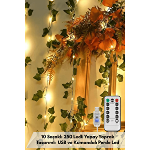 2.5x2.5m Led Perde Işık – 250 Led 10 Saçak Yapay Sarmaşık Desenli Usb Kumandalı Dekoratif Aydınlatma