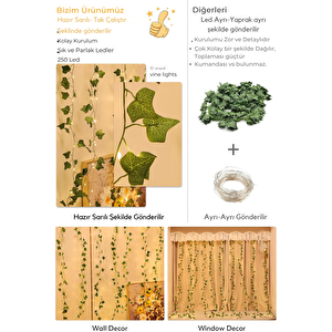 2.5x2.5m Led Perde Işık – 250 Led 10 Saçak Yapay Sarmaşık Desenli Usb Kumandalı Dekoratif Aydınlatma