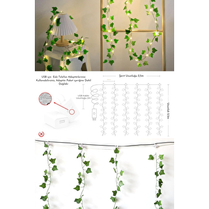 2.5x2.5m Led Perde Işık – 250 Led 10 Saçak Yapay Sarmaşık Desenli Usb Kumandalı Dekoratif Aydınlatma