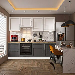 Pia Beyaz-antrasit 240 Cm Aspiratör Fırın Ve Çekmece Modüllü Meşe Tezgahlı Hazır Mutfak Pba-240asp-c-mt 240 cm