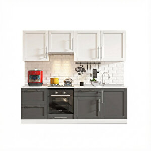 Pia Beyaz-antrasit 240 Cm Aspiratör Fırın Ve Çekmece Modüllü Meşe Tezgahlı Hazır Mutfak Pba-240asp-c-mt 240 cm