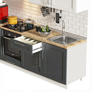 Dekorex Pia Beyaz-antrasit 240 Cm Aspiratör Fırın Ve Çekmece Modüllü Meşe Tezgahlı Hazır Mutfak Pba-240asp-c-mt