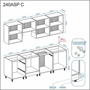Dekorex Pia Beyaz-antrasit 240 Cm Aspiratör Fırın Ve Çekmece Modüllü Meşe Tezgahlı Hazır Mutfak Pba-240asp-c-mt