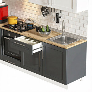 Pia Beyaz-antrasit 240 Cm Fırın Ve Çekmece Modüllü Meşe Tezgahlı Hazır Mutfak Pba-240dav-c-mt 240 cm