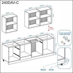 Dekorex Pia Beyaz-antrasit 240 Cm Fırın Ve Çekmece Modüllü Meşe Tezgahlı Hazır Mutfak Pba-240dav-c-mt