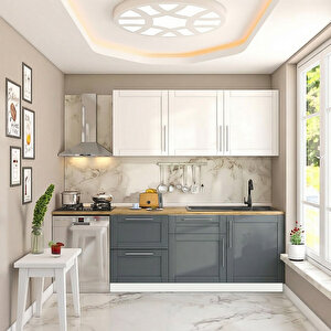 Pia Beyaz-antrasit 240 Cm Beyaz Çekmece Modüllü Meşe Tezgahlı Hazır Mutfak Pba-240dav-bc-mt 240 cm