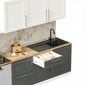 Pia Beyaz-antrasit 240 Cm Beyaz Çekmece Modüllü Meşe Tezgahlı Hazır Mutfak Pba-240dav-bc-mt 240 cm