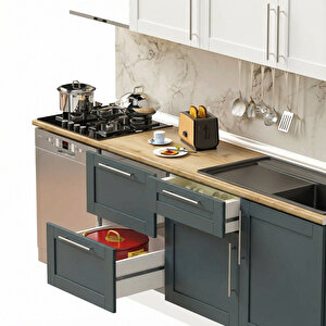 Dekorex Pia Beyaz-antrasit 240 Cm Beyaz Çekmece Modüllü Meşe Tezgahlı Hazır Mutfak Pba-240dav-bc-mt