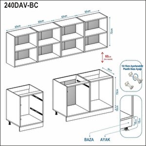 Dekorex Pia Beyaz-antrasit 240 Cm Beyaz Çekmece Modüllü Meşe Tezgahlı Hazır Mutfak Pba-240dav-bc-mt