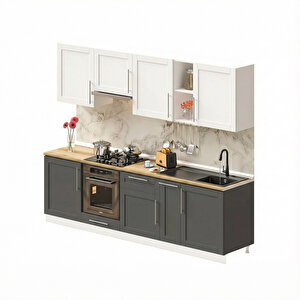 Pia Beyaz-antrasit 270 Cm Beyaz Aspiratör Ve Fırın Modüllü Meşe Tezgahlı Hazır Mutfak Pba-270asp-mt 270 cm