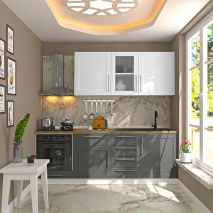 Pia Beyaz-antrasit 225 Cm Beyaz Fırın Modüllü Meşe Tezgahlı Hazır Mutfak Pba-225dav-mt 225 cm