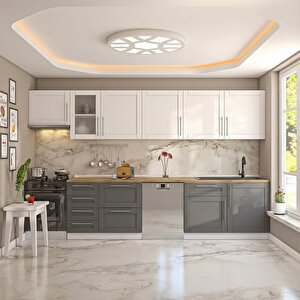 Pia Beyaz-antrasit 345 Cm Aspiratör Ve Çekmece Modüllü Meşe Tezgahlı Hazır Mutfak Pba-345asp-bc-mt 345 cm