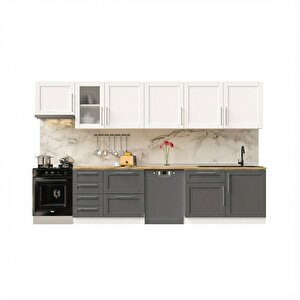 Pia Beyaz-antrasit 345 Cm Aspiratör Ve Çekmece Modüllü Meşe Tezgahlı Hazır Mutfak Pba-345asp-bc-mt 345 cm