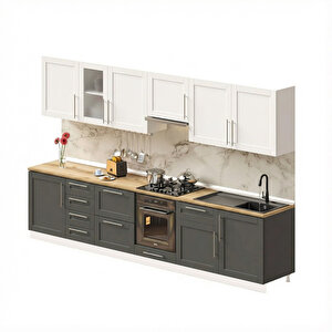 Pia Beyaz-antrasit 345 Cm Aspiratör Ve Çekmece Modüllü Meşe Tezgahlı Hazır Mutfak Pba-345asp-bc-mt 345 cm