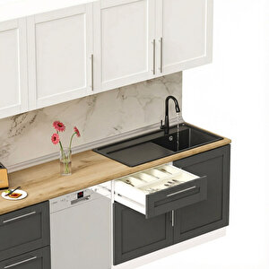 Dekorex Pia Beyaz-antrasit 345 Cm Aspiratör Ve Çekmece Modüllü Meşe Tezgahlı Hazır Mutfak Pba-345asp-bc-mt