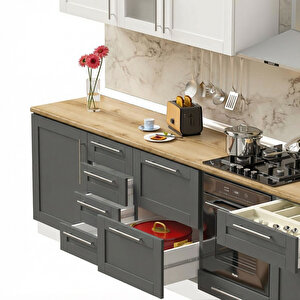 Dekorex Pia Beyaz-antrasit 345 Cm Aspiratör Ve Çekmece Modüllü Meşe Tezgahlı Hazır Mutfak Pba-345asp-bc-mt