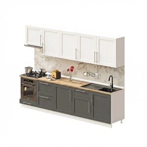 Pia Beyaz-antrasit 300 Cm Beyaz Aspiratör Fırın Ve Çekmece Modüllü Meşe Tezgahlı Hazır Mutfak Pba-300asp-c-mt 300 cm