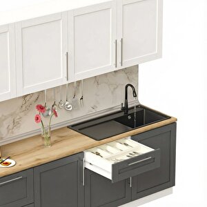 Dekorex Pia Beyaz-antrasit 300 Cm Beyaz Aspiratör Fırın Ve Çekmece Modüllü Meşe Tezgahlı Hazır Mutfak Pba-300asp-c-mt