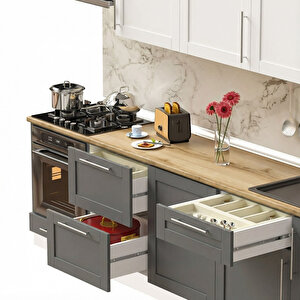 Dekorex Pia Beyaz-antrasit 300 Cm Beyaz Aspiratör Fırın Ve Çekmece Modüllü Meşe Tezgahlı Hazır Mutfak Pba-300asp-c-mt