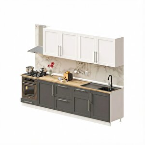 Pia Beyaz-antrasit 300 Cm Beyaz Fırın Ve Çekmece Modüllü Meşe Tezgahlı Hazır Mutfak Pba-300dav-c-mt 300 cm