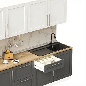 Pia Beyaz-antrasit 300 Cm Beyaz Fırın Ve Çekmece Modüllü Meşe Tezgahlı Hazır Mutfak Pba-300dav-c-mt 300 cm