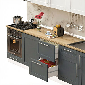 Pia Beyaz-antrasit 300 Cm Beyaz Fırın Ve Çekmece Modüllü Meşe Tezgahlı Hazır Mutfak Pba-300dav-c-mt 300 cm