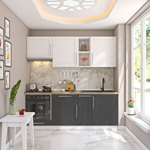 Pia Beyaz-antrasit 210 Cm Beyaz Aspiratör Ve Fırın Modüllü Meşe Tezgahlı Hazır Mutfak Pba-210asp-mt 210 cm