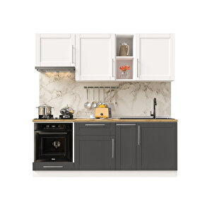 Pia Beyaz-antrasit 210 Cm Beyaz Aspiratör Ve Fırın Modüllü Meşe Tezgahlı Hazır Mutfak Pba-210asp-mt 210 cm