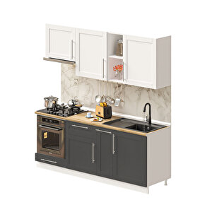 Pia Beyaz-antrasit 210 Cm Beyaz Aspiratör Ve Fırın Modüllü Meşe Tezgahlı Hazır Mutfak Pba-210asp-mt 210 cm