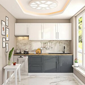 Pia Beyaz-antrasit 240 Cm Beyaz Aspiratör Ve Çekmece Modüllü Meşe Tezgahlı Hazır Mutfak Pba-240asp-bc-mt 240 cm