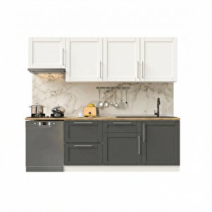 Pia Beyaz-antrasit 240 Cm Beyaz Aspiratör Ve Çekmece Modüllü Meşe Tezgahlı Hazır Mutfak Pba-240asp-bc-mt 240 cm