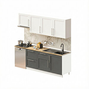 Pia Beyaz-antrasit 240 Cm Beyaz Aspiratör Ve Çekmece Modüllü Meşe Tezgahlı Hazır Mutfak Pba-240asp-bc-mt 240 cm