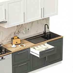 Dekorex Pia Beyaz-antrasit 240 Cm Beyaz Aspiratör Ve Çekmece Modüllü Meşe Tezgahlı Hazır Mutfak Pba-240asp-bc-mt