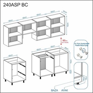 Dekorex Pia Beyaz-antrasit 240 Cm Beyaz Aspiratör Ve Çekmece Modüllü Meşe Tezgahlı Hazır Mutfak Pba-240asp-bc-mt
