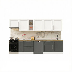 Pia Beyaz-antrasit 330 Cm Aspiratör Ve Çekmece Modüllü Meşe Tezgahlı Hazır Mutfak Pba-330asp-bc-mt 330 cm