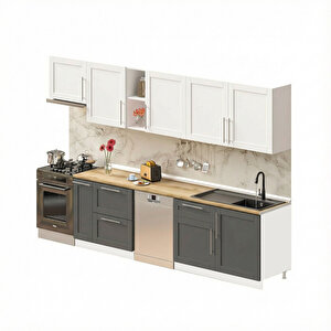 Pia Beyaz-antrasit 330 Cm Aspiratör Ve Çekmece Modüllü Meşe Tezgahlı Hazır Mutfak Pba-330asp-bc-mt 330 cm