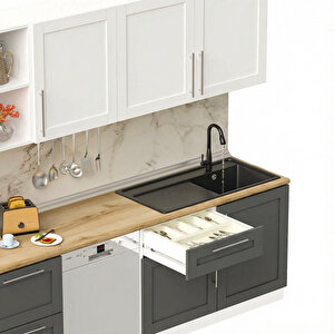 Dekorex Pia Beyaz-antrasit 330 Cm Aspiratör Ve Çekmece Modüllü Meşe Tezgahlı Hazır Mutfak Pba-330asp-bc-mt