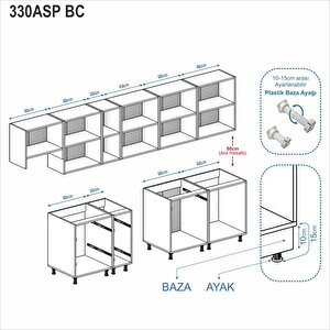 Dekorex Pia Beyaz-antrasit 330 Cm Aspiratör Ve Çekmece Modüllü Meşe Tezgahlı Hazır Mutfak Pba-330asp-bc-mt