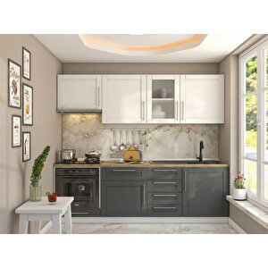 Pia Beyaz-antrasit 225 Cm Beyaz Aspiratör Ve Fırın Modüllü Meşe Tezgahlı Hazır Mutfak Pba-225asp-mt 225 cm