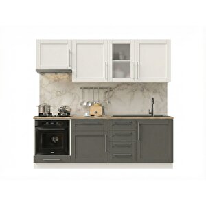 Pia Beyaz-antrasit 225 Cm Beyaz Aspiratör Ve Fırın Modüllü Meşe Tezgahlı Hazır Mutfak Pba-225asp-mt 225 cm